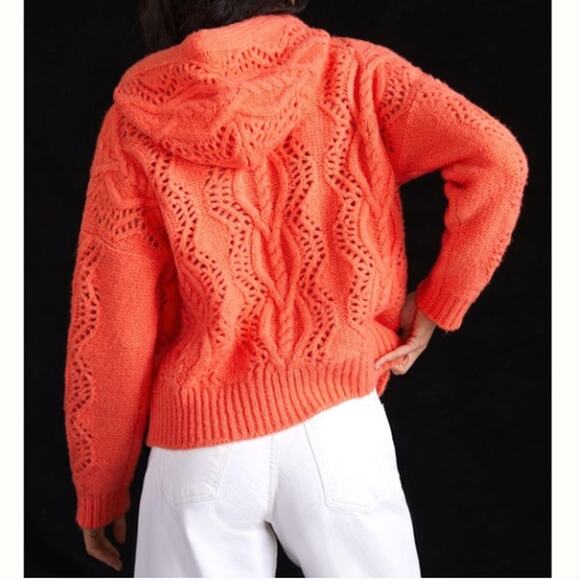 ANTHROPOLOGIE x PILCRO Cable Knit Hoodie Sweater Orange Sz L $148 {199} - Picture 2 of 6